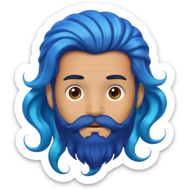 male with extra wavy, flowing blue mermaid hair and black beard, emoji style sticker