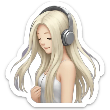anime girl from behind with headphones on toes and white long hair sticker