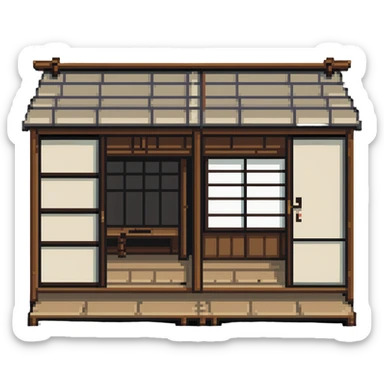 Traditional Japanese house with wooden structure, sliding doors, tatami floor sticker