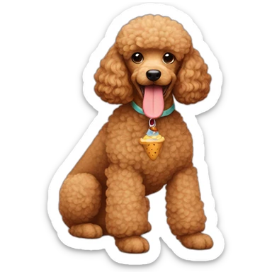Light brown poodle seated with a hot dog toy sticker