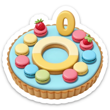 number-shaped cookie cream tart with Macarons, Fruit, and Candy toppings, simplified, clear, emoji-like, no faces sticker