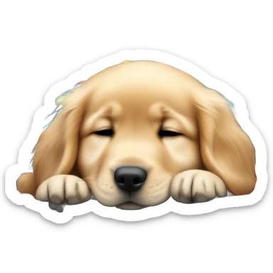 A sleeping golden retriever puppy in a fuzzy blue dog bed with balls surrounding it  sticker