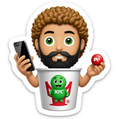 KFC bucket with a green M&M character sitting inside it, the M&M has a black beard, curly hair, and is holding an iPhone sticker