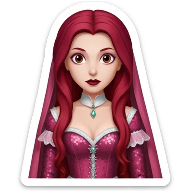Aleera, Bride of Dracula from Van Helsing with long dark red hair, light pink sequin outfit sticker