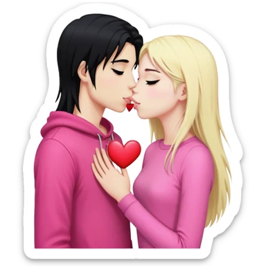 Emo boy with long black emo hair kissing o long blonde girl pink clothes heart sticker