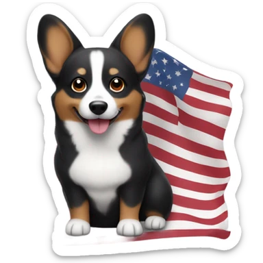 Black corgi with no tail waving an American flag sticker