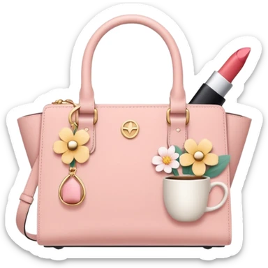Minimal feminine icon representing girls’ lifestyle, subtle elements of lipstick, coffee cup, flower, handbag merged into one simple symbol, pastel color palette, flat design, modern and friendly, social media–ready. sticker