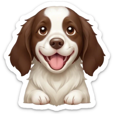 Cinematic Cute Yawning Springer Spaniel Portrait Emoji, Head tilted slightly with a dramatic, wide-open yawn, showcasing a smooth Fur of liver and white with crisp markings, floppy ears slightly drooping, round brown eyes barely open in drowsy contentment, Simplified yet irresistibly adorable features, highly detailed, glowing with a soft, cozy glow, high shine, relaxed yet expressive, stylized with a touch of whimsy, bright and endearing, soft glowing outline, capturing the essence of a sleepy yet affectionate companion, so drowsy it feels like it could stretch right out of the screen and curl up for a nap! sticker