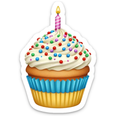 birthday cupcake with white cream, and colorful sprinkles on the top. IOS emoji style. sticker