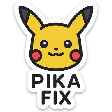 icon of Pikachu's head with the text 'PIKA' in uppercase below and 'FIX' in uppercase below that, clear and cute style sticker
