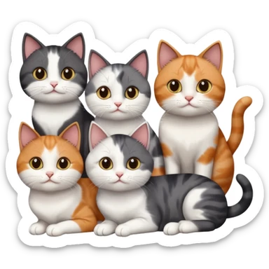 5 different coloured short haired cats including; a dark brown and white cat, and a dark grey and white, and a calico sticker