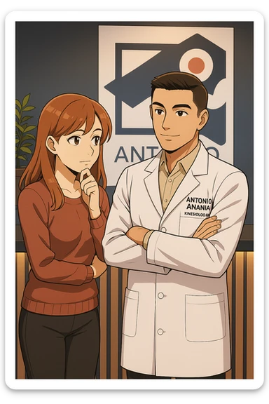 su questo stile fai un manga/webtoon a colori in cui una donna SI TOCCA IL MENTO CON L'INDICE MENTRE ASCOLTA PENSIEROSA L'UOMO, l'uomo della foto in stile manga LE SPIEGA CHE DEVE PROVARE LA SUA VALUTAZIONE MEDICA, mantieni un ambiente simile alla foto che ho allegato con il suo logo (sarebbe il suo studio, lui è un kinesiologo), scrivigli "ANTONIO ANANIA" sul camice bianco, non mettere fumetti, ma fai in modo che sembri che la donna ASCOLTI l'uomo sticker