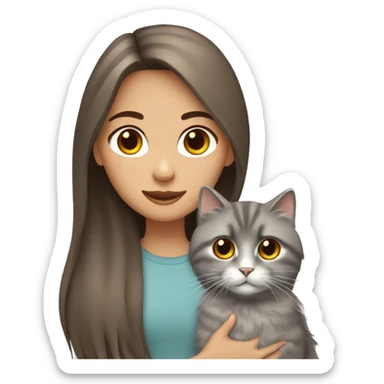 Brown straight hair girl with holding fluffy Siberian gray cat  sticker