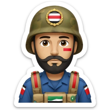 A tired, swarthy Iraqi soldier with a beard, an Iraqi flag on his helmet, a sad expression and bags under his eyes sticker