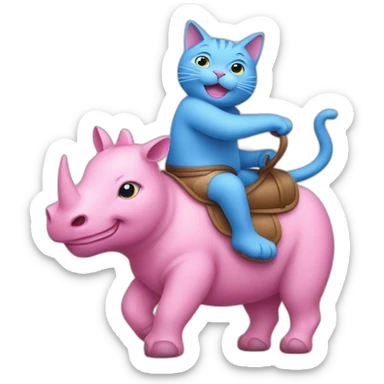 a blue cat riding a pink rhinoceros sticker