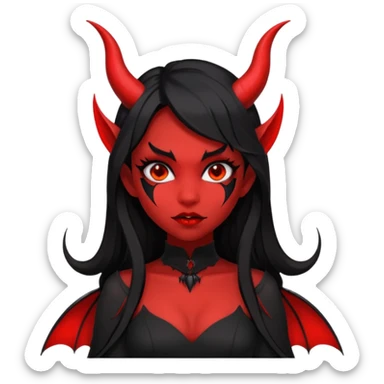 demon girl, skin red , black long hair, small horns, bat wing, black open-back dress, bold black outlines, red+black palette sticker