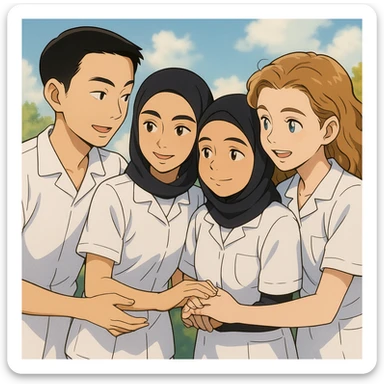 Four nursing students inspired by the faces in the reference photos, wearing white short-sleeve uniforms, arms and hands well drawn, no stethoscope, helping each other, in friendly ambiance, bright background. Precise and natural hands. sticker