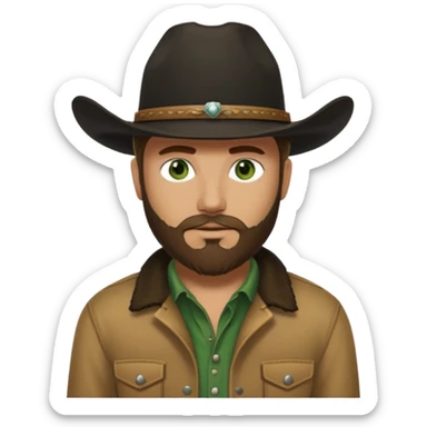 yellowstone dutton ranch cowboy with beard and green eyes, black cowboy hat, black t-shirt and tan jacket sticker