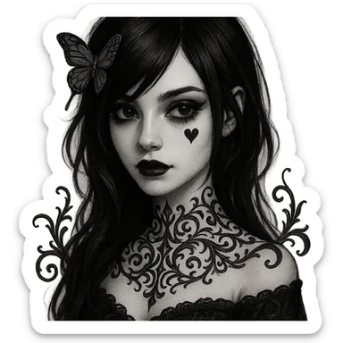 elegant emo girl with heart face, gothic filigree, butterfly hairpin, dark hair, mysterious vibe sticker