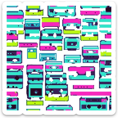 icon representing the 1980s with retro elements like cassette tape, neon colors, and geometric shapes sticker