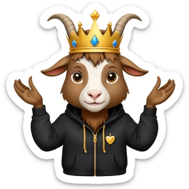 Goat with horns wearing black hoodie and a royal crown do the love sticker