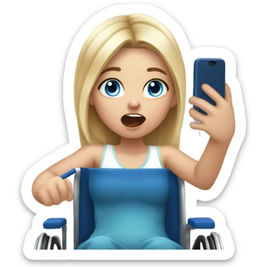 Screaming white girl with blonde hair and blue eyes in wheel chair taking selfies with iPhone sticker