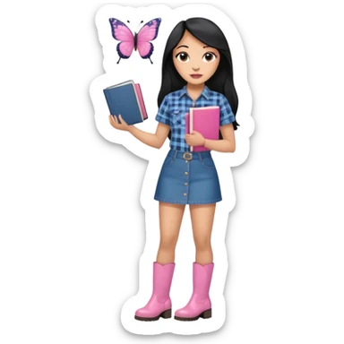 A plus-size light-skinned Black woman is wearing makeup. She has long, straight, waist-length black hair and is wearing a short-sleeved flannel shirt with a pink butterfly print, a denim miniskirt, and pink boots. She is standing and holding a book with her forearm raised. sticker