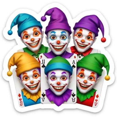 3 poker cards, with crazy colorful human jolly jokers inside, face and torso only sticker