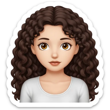aesthetic white girl with dark brown long curly hair and darkbrown eyes  , white top sticker