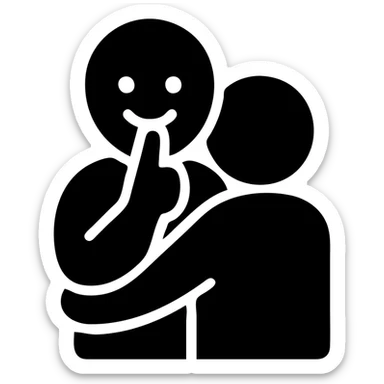 A person hugging another person with a mysterious smile and a finger to their lips sticker