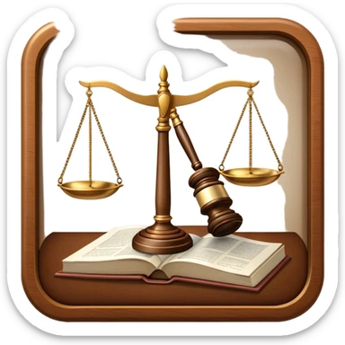 An icon featuring a gavel, legal scales, and a law book, symbolizing the study of law. The design includes a courthouse silhouette in the background, representing justice and legal systems. Transparent background highlights the principles of law and legal practice. sticker