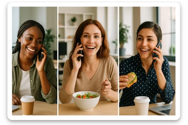 Three young women, all in different offices, on the phone with each other during lunch break, modern work environments, lively and social expressions, modern office backgrounds, business casual attire, relaxed and friendly atmosphere. sticker