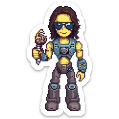 Johnny Silverhand, cyberpunk rockstar with a robotic arm, sunglasses, and a rebellious attitude, pixel art style sticker