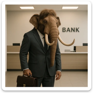 mamut elegante con saco y portafolio, ambiente de banco, fondo minimalista sticker