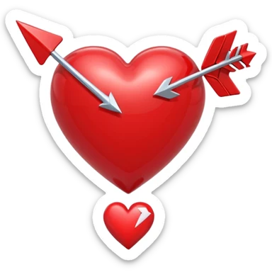 Apple-style 3D illustration of a glossy red heart pierced by a horizontal double-ended arrow. One end of the arrow has a small female symbol, the other end has a small male symbol. The heart is centered, shiny, with soft shadows, floating on a clean white background, minimal and emotional design sticker
