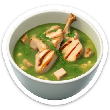 Molokhia soup in a bowl with grilled chicken ontop sticker