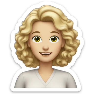 middle aged woman with blond and brown wavy hair, green eyes and a smile wearing hoop earrings sticker