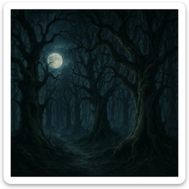 gothic woods with ancient gnarled trees, moonlight, eerie vibe sticker