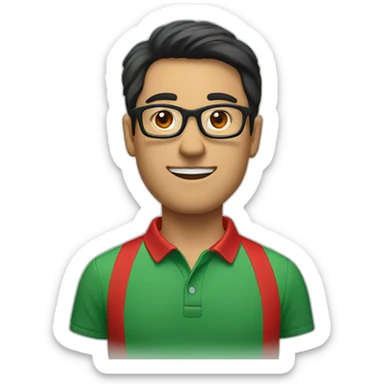 Man with black hair and glasses wearing red polo shirt with green color collar of the shirt sticker