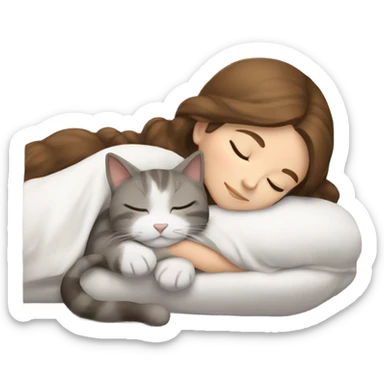 sleeping girl brown hair laying next to a white and gray cat sticker