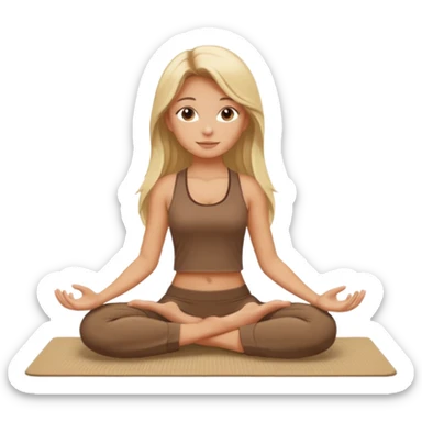 Blonde long hair girl sitting on a beige rug doing yoga, brown clothes sticker
