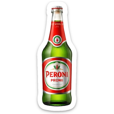 Glass bottle Peroni with red marketing tape and a brown glass bottle color sticker