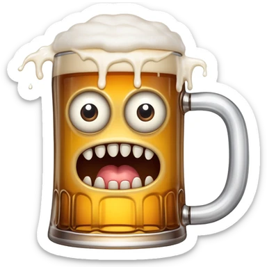 A wobbly beer tankard with eyes and teeth like a mimic monster, overflowing with beer sticker