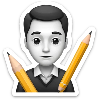Create an icon representing the process of creating a black-and-white caricature. Include a pencil, a sketchpad with a humorous, exaggerated figure, and inking tools. Use bold lines and shading, with a transparent background. sticker