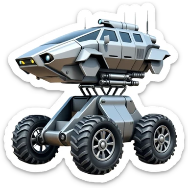 Futuristic jumping four-legged armored canine sporty self-balancing massive trail assault vehicle motor-in-wheel side-hill leaning actively robotically articulating hydraulic independent suspended pod gimbal defender antique off-road racing rover with large fast engine basher crawler megatron  sticker