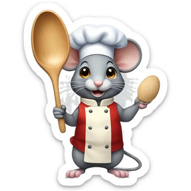 cute grey mouse wearing a chef’s hat holding a wooden spoon on one arm and a plate of food on the other  sticker