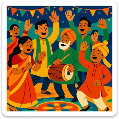 a group of Indian people celebrating a festival, joyful, bright colors sticker