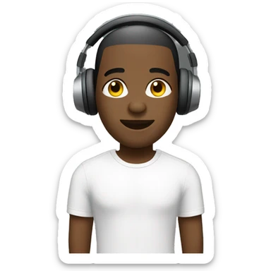 A green buzz cut black man wearing headphones with a white tee shirt sticker