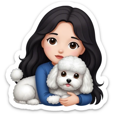 A girl with dark, long hair and a bichon sticker