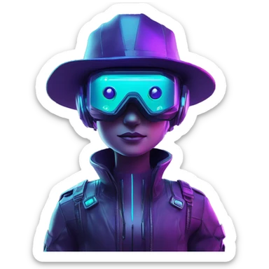 Secret humanoid agent in a futuristic hat with in Apple VR goggles headset code display on the goggles , cyberpunk, cyan and purple colors, only upper body portrait, front facing the camera  sticker